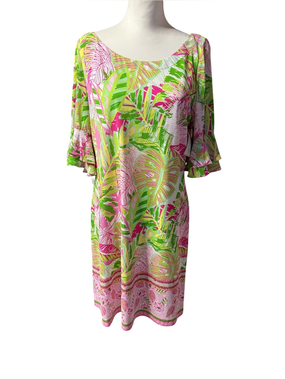 NWT Pappagallo Erika Flutter Sleeve Tropical Shift Dress sz Large Green Pink